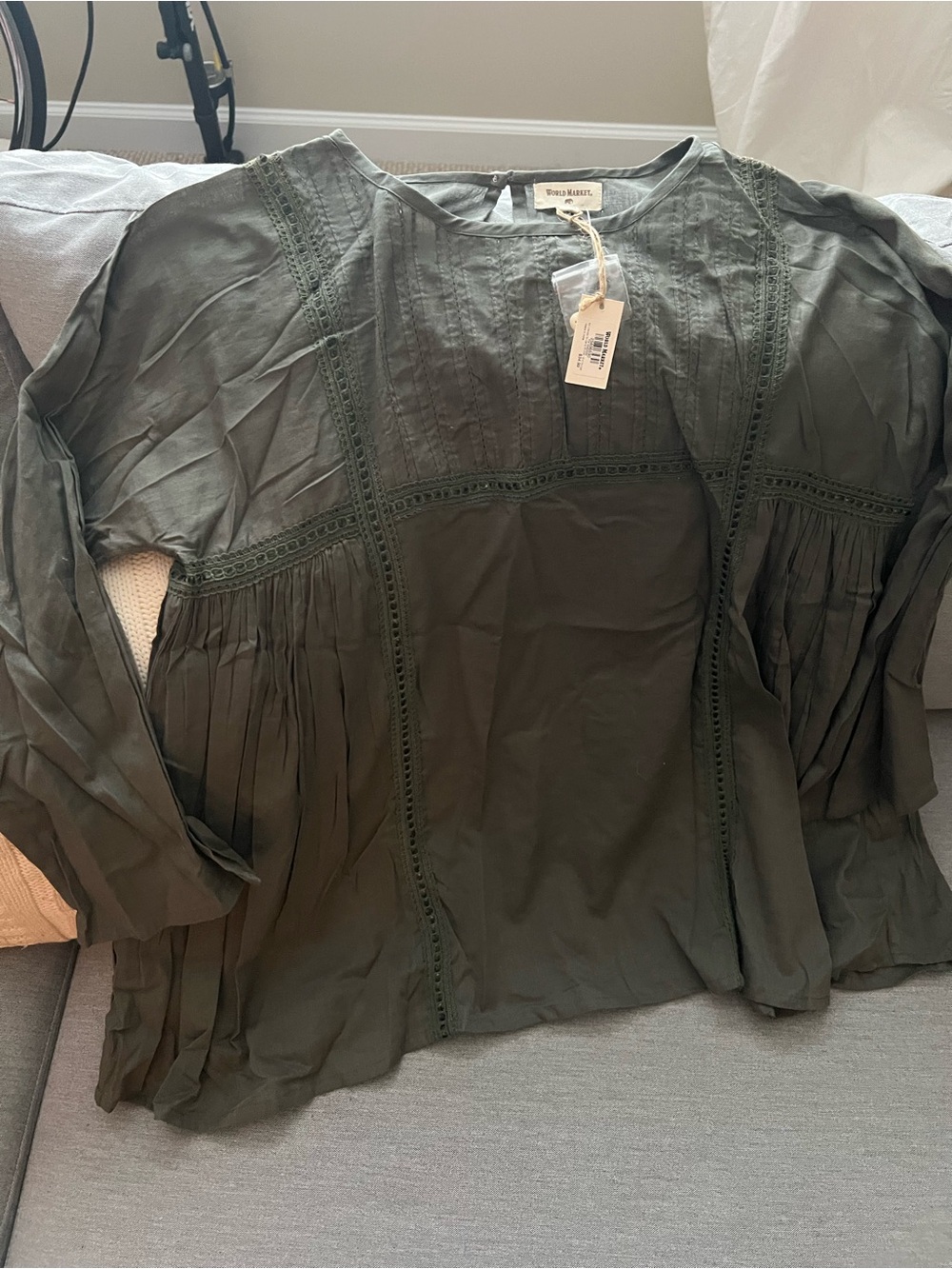 Cost Plus World Market Olive Green Pintuck Lace Trim Blouse